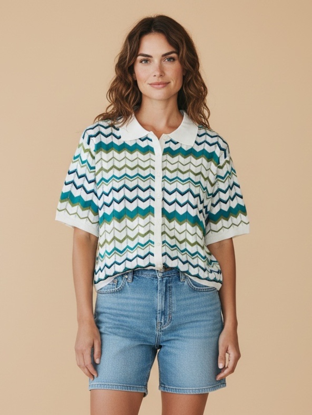 Commense White Polo Cardigan with Blue & Green Chevron